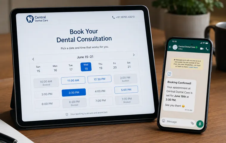 A booking screen for a dental consultation, with times across a week and free slots marked, and the confirmation arriving on WhatsApp beside it.