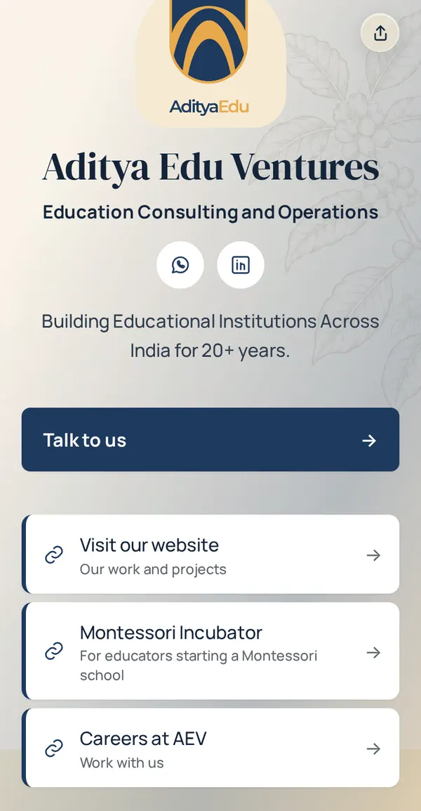 The Aditya Edu Ventures page on OurLink.is, on a phone
