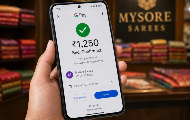 A phone showing a UPI payment of ₹1,250 to Mysore Sarees, marked paid and confirmed.